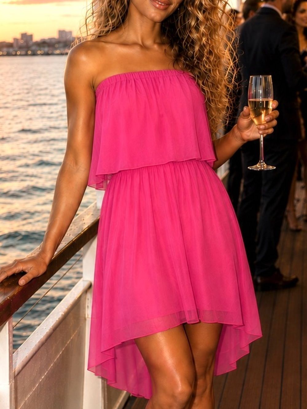 Nymphe Strapless Hi Lo Hem Chiffon Mini Dress Hot Pink S NWT